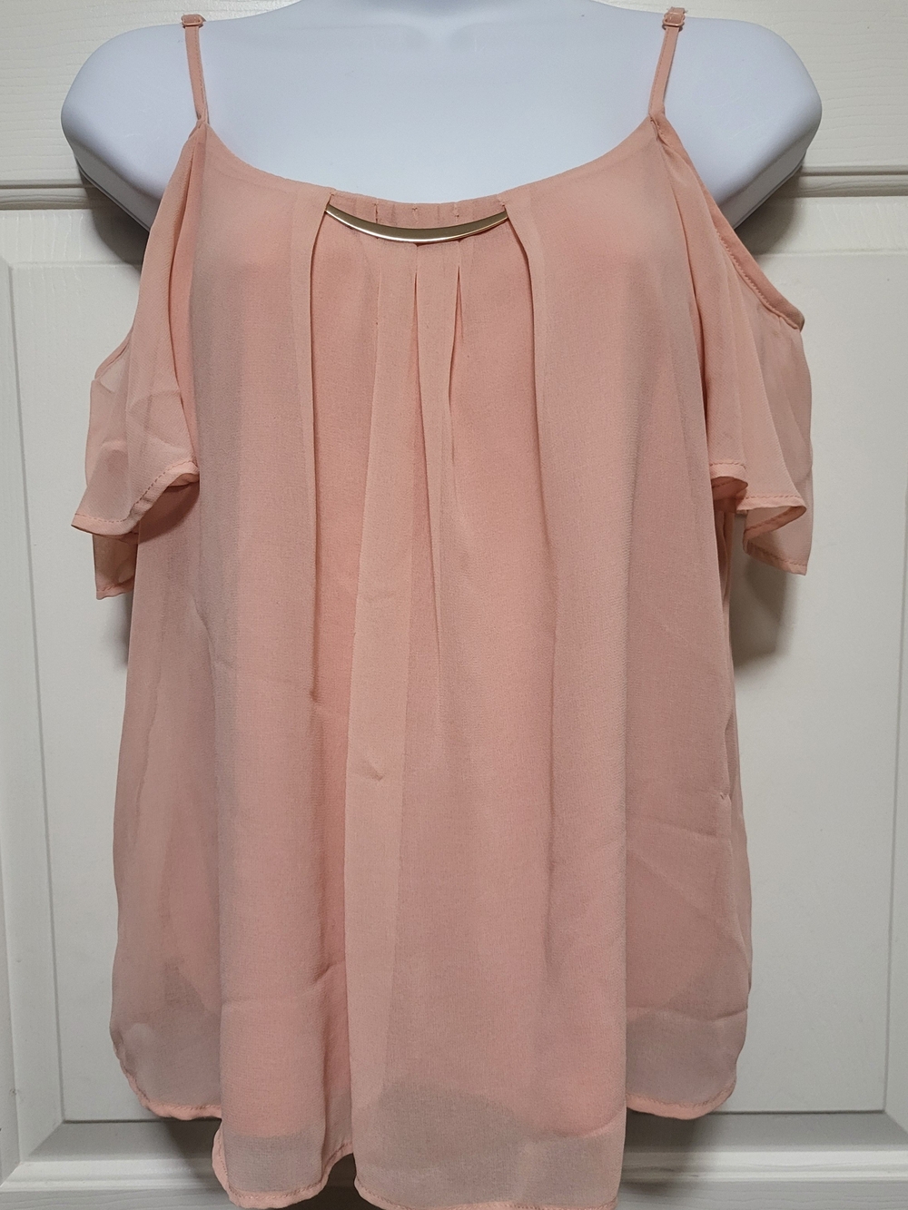 Lily White Peach Cold-Shoulder Chiffon Blouse with Gold Accent